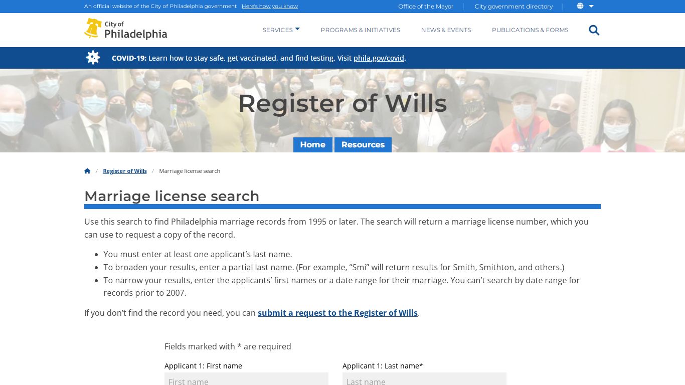 Marriage license search | Register of Wills | City of Philadelphia